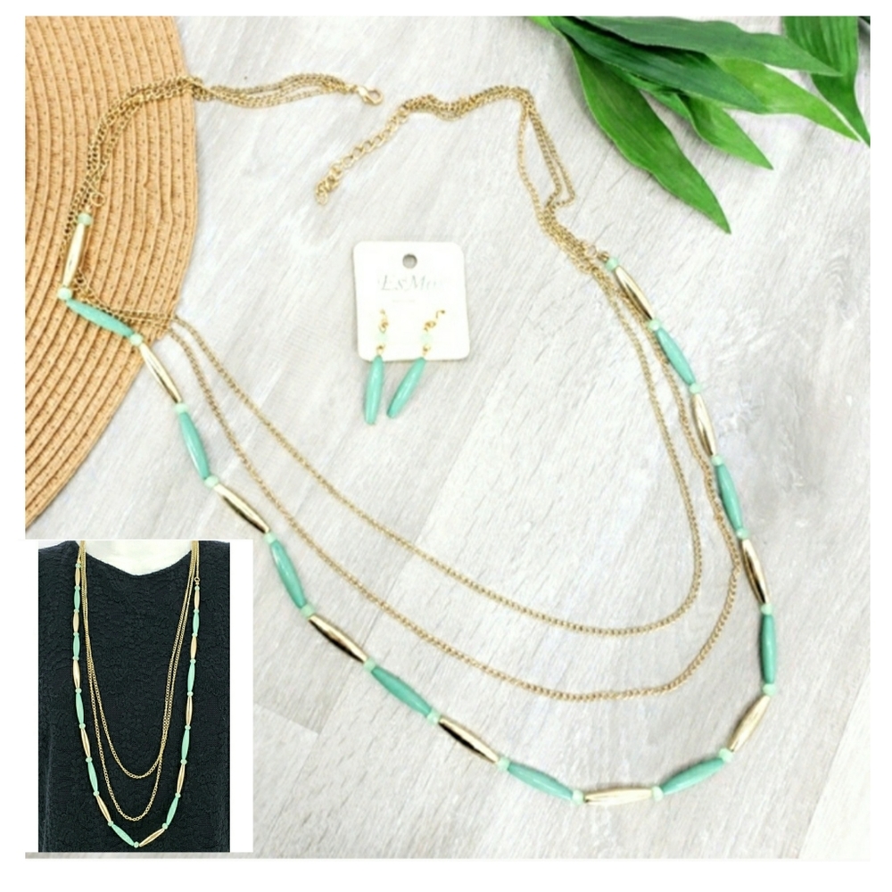 NEW Esmor Faux Jade Link Gold Layered Necklace & Earrings Set
